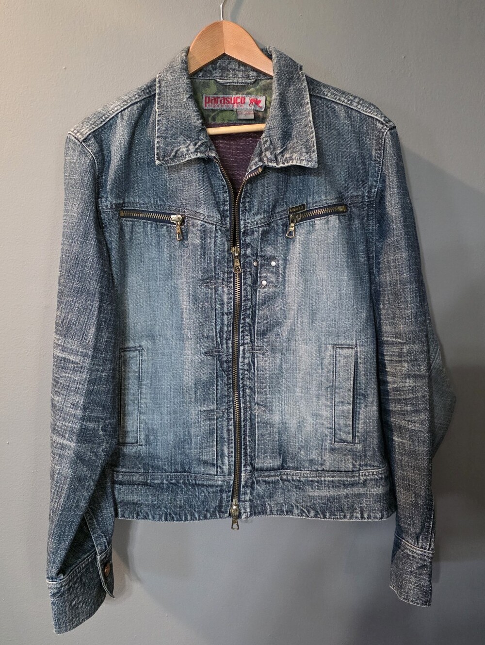Vintage Parasuco Ergonomic Washed Dark Blue Denim Jacket Double Zipper‎ Mens XL
